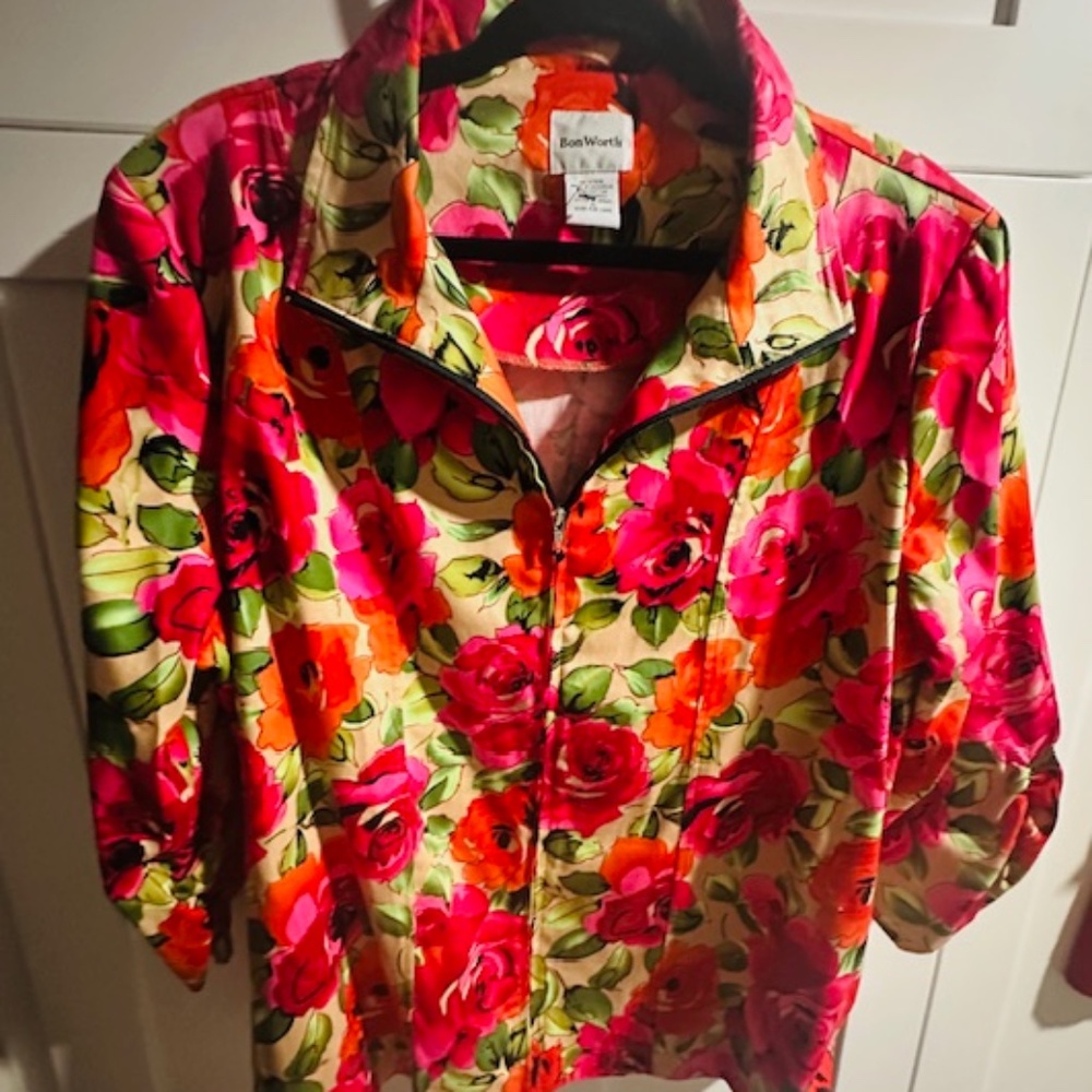 Pretty Bon Worth Floral Womens Front Zip-up Blazer XL - Gathered Sleeves!